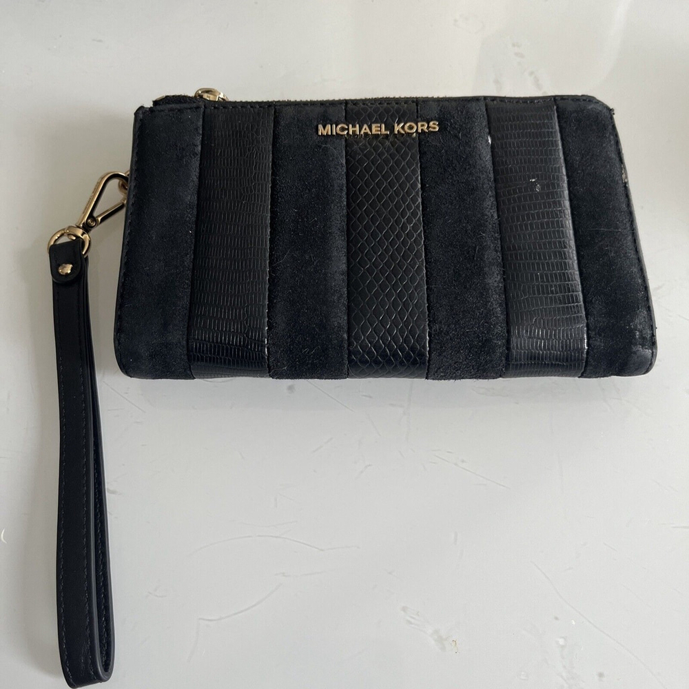Michael Kors Jet Set Travel Double Zip Wristlet - Black Leather And Suede Wallet